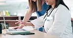 Woman, hands and doctor on laptop in research, teamwork or planning surgery together at hospital. Closeup of female person, medical or healthcare professional with technology and nurse at clinic