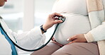 Hand, pregnant and stethoscope for a doctor with a patient in the hospital closeup for consulting. Healthcare, baby and stomach of a mother in a clinic with a medicine professional for an appointment