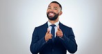 Business man, choice and point at you in studio, smile and face for recruitment by white background. Human resources agent, sign language and happy for decision in hiring, onboarding and interview