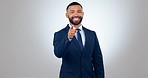Business man, face and point at you in studio, smile and choice for recruitment by white background. Human resources agent, sign language and happy for decision in hiring, onboarding or opportunity