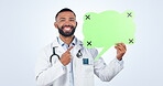 Doctor, speech bubble and presentation, poster mockup or healthcare chat, forum and healthcare opinion in studio. Face, quote sign and medical man pointing you and tracking marker on white background