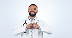 Doctor, man and heart hands for health and face, support and wellness with love sign isolated on white background. Medical professional, gesture and emoji for cardiology, care and healthy in a studio