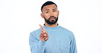 No, finger and face of man in studio with head shake for stop, wrong and warning of discipline on white background. Portrait, hand and angry model refuse sign of rejection, emoji or caution of danger