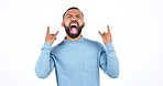 Man, dancing and rock horns in studio for celebration, energy or moving by white background. Dancer guy, excited and emoji with performance, creativity or face for concert, sign language or punk hand