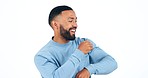 Young man, dancing and happy in studio with celebration, energy and moving by white background. Dancer guy, excited and smile with performance, creativity or music for success with rhythm for art