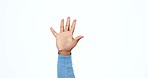 Hand, counting and model in studio for math with mockup space for advertising, promotion or marketing. Fingers, palm and closeup of person with numbers gesture for empty mock up by white background.