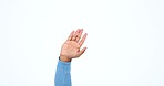 Hand, hello and person in studio with greeting wave, gesture or welcome sign closeup on white background. Palm, attention and emoji model with warning, caution or sign language, goodbye or zoom stop