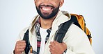 Hiking, backpack and smile of man in studio excited to explore on adventure, journey and holiday. Travel, happy and face closeup of person with bag for trekking, hike and camping on gray background