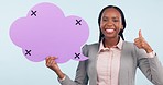 Happy black woman, speech bubble and thumbs up in business advertising against a studio background. Portrait of African female person with shape, like emoji or yes sign in comment, feedback or mockup