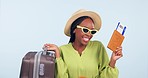Happy woman, passport success and suitcase for travel opportunity, holiday or vacation dance in studio. Excited african person celebration for flight ticket, booking and luggage on a white background