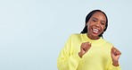 Face, woman and dance of success in studio, celebrate party or promotion of lottery bonus on mockup space. Portrait, african model and excited winner with energy, music or freedom on white background