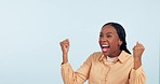 Excited, surprise and space with face of black woman in studio for announcement, wow and news. Notification, gossip and mind blown with person on white background for omg, shocked and sale mockup