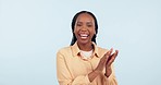 Face, woman and applause in studio for success, winner and congratulations to you on white background. Portrait of happy african model clapping hands for celebration, praise and feedback of support 