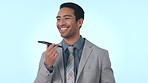 Happy businessman, phone call and speaker in conversation or consulting against a studio background. Asian man talking on mobile smartphone for business discussion, proposal or voice note on mockup