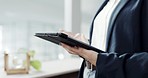 Hands, closeup and a tablet at work for the internet, connection or a search online. Business, corporate and an employee typing on technology for a website, research or reading an email in office