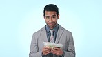 Businessman, money and cash in financial freedom, wealth or salary against a studio background. Portrait of happy asian man with cash, dollars or counting bills for savings, loan or finance on mockup