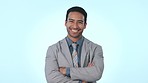 Happy businessman, arms crossed and professional in entrepreneurship against a studio background. Portrait of asian man or employee smile in business, career ambition or positive mindset on mockup