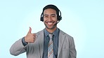 Happy businessman, call center and thumbs up in customer service or review against a studio background. Asian man, consultant or agent smile with headphones, yes or no emoji for bad or good advice