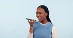 Woman, talking and phone call with speaker in studio for voice note, sound translation or contact. Happy african model, mobile communication or microphone for audio, speech or app on white background