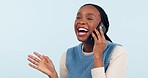 Happy, phone call and black woman in studio laugh at gossip, news or funny contact on white background. Smartphone, joke and African female model with app, conversation and social chat communication