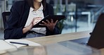 Business woman, hands and tablet at night in research, social media or communication at office. Closeup of female person or employee working late on technology in online search or networking at work