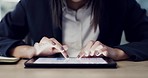 Tablet, hands and closeup of businesswoman in the office doing research on the internet for project. Digital technology, fingers and professional female lawyer typing and working on case in workplace