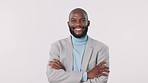 Business man, arms crossed and face with a smile and confidence of career in studio. Happy, African male portrait and professional with creative job and pride and of worker with grey background