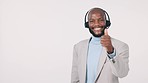 Black man, call center and pointing with thumbs up in advertising or list against a studio background. African male person or consultant show steps and like emoji or yes in customer service on mockup