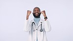 Studio, excited black man or doctor celebrate medicine vaccine innovation, healthcare achievement or health success. Cheers, energy or clinic surgeon, nurse or winner celebration on white background 