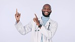 Advertising, smile and black man, doctor and point at medical promo, hospital logo design or brand commercial. Healthcare medicine info, studio nurse portrait and African surgeon on white background 