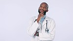 Studio, thinking black man and doctor ideas for medicine development, healthcare plan or health innovation. Nurse brainstorming, problem solving solution and surgeon question why on white background 