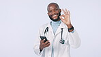 Perfect, phone and a doctor or black man on a studio background for an email or communication. Happy, medical and face portrait of an African surgeon with an ok sign for mobile contact or healthcare