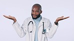 Comparison, black man or doctor palm gesture with mockup space, medical studio decision or product placement choice. Nurse healthcare portrait, dont know shrug and African surgeon on white background