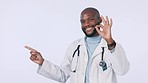 Okay, advertising black man and doctor point at medical list, hospital timeline or cardiology process info. Healthcare presentation portrait, nurse step plan and studio surgeon ok on white background