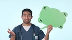 Confused asian man, doctor and speech bubble for social media, question or feedback against a studio background. Portrait of male person or healthcare nurse with shape or icon for feedback or comment