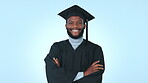 Graduation, college student and portrait a man in studio with pride and arms crossed. University graduate, education mockup and happy black person on a blue background for learning achievement