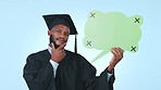 Graduation, college student or thinking of speech bubble in studio with tracking marker. University graduate, communication mockup and black man on blue background for social media announcement space