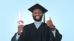 Graduation, college student or diploma with thumbs up in studio for success achievement. University graduate, education and black man portrait with certificate or yes emoji for win on blue background