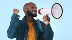 Megaphone, motivation and a black man student at a rally for education on blue background in studio. School, speech for change and a happy young speaker using a bullhorn for freedom or communication