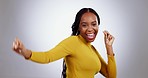 Woman, face and excited to dance in studio to celebrate party, success or giveaway of deal, lottery or bonus. Portrait, happy african model and winner with energy, music or freedom on grey background