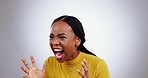 Angry, stress and face of black woman screaming in studio with anxiety, mistake or trauma on grey background. Anxiety, fear and African female frustrated by fake news, death or mental health crisis