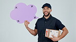 Delivery man, boxes and speech bubble for social media, customer review and forum or courier chat in studio. Logistics worker, face and quote poster, tracking marker and package on a white background