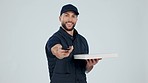 Delivery man, pizza and phone for e commerce, fintech and contactless payment on white background. Face of worker with fast food box for customer service, mobile app and online transaction in studio