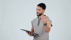 Fitness, invite and man on tablet in studio for exercise, training and workout for wellness app. Sports, hey you and portrait of person on digital tech pointing for gym sign up on gray background