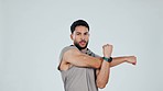 Fitness, stretching and face of man in studio for performance, wellness and warm up. Sports health, gym and portrait of person for exercise, bodybuilder training and workout on gray background