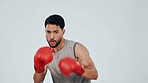 Sports, boxing and face of man with gloves on gray background for cardio, wellness and strength. Fitness, fight and portrait of boxer in gear for exercise, bodybuilder training and workout in studio