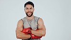 Fitness, boxing and face of man with gloves on gray background for cardio, wellness and strength. Sports, fight and portrait of boxer in gear for exercise, bodybuilder training and workout in studio