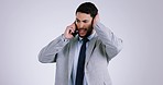 Business man, phone call and worry in studio for confused thinking, question or fail by white background. Entrepreneur, smartphone and frustrated face for mistake, crisis and talk on mobile network