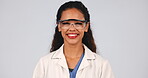 Science, research and smile with face of woman in studio for medicine, pharmacy or chemistry. Medical, healthcare and solution with portrait of person on white background for expert, doctor and study