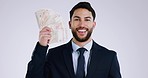 Fan, money and business man in studio for payment bonus, competition or lottery winner. Success, finance and portrait of worker on gray background with cash for promotion, stock trading or investment